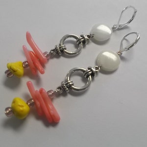 Beach mother of pearl coral turquoise dangle earrings