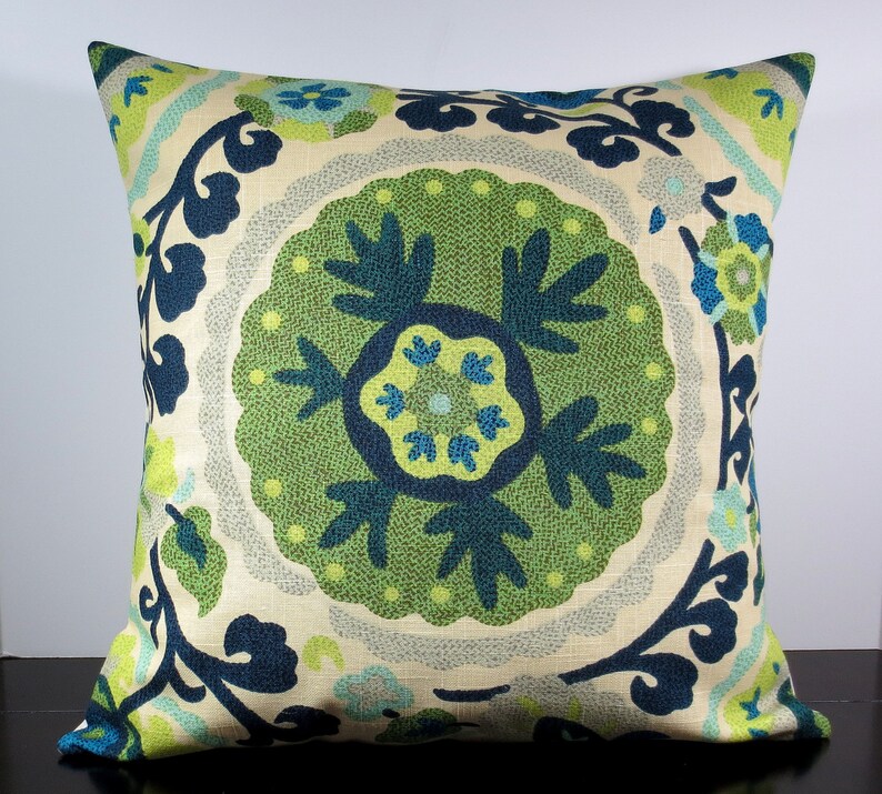 Green and Blue Suzani Medallion decorative throw pillow cover Etsy