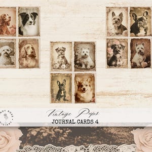 Vintage Hund Junk Journal Karten, Welpe Postkarten, Französische Bulldogge Scrapbook Karten, Schäferhund Rustikale Zeitschrift, Spaniel Blumen Ephemera