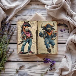 Hippie Junk Journal, Quirky Animals Papercraft stampabile, Carta colorata per album, Diario rustico, Ephemera boho, Foglio collage boho
