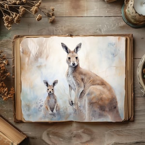 Diário de sucata de canguru, papéis de scrapbook de animais de Oz, diário rústico de coala, artesanato em papel, itens efêmeros de gambá, colagem de kookaburra, página de vombate