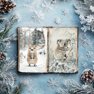 Kit de diário de lixo da floresta de inverno, páginas de scrapbook da Austrália nevada, artesanato em papel para o inverno, diário de canguru vintage, folha de colagem de coala