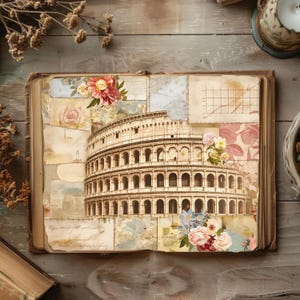 Kit de carnet de voyage en téléchargement numérique, pages de scrapbooking vintage, aquarelles de monuments, créations en papier, monuments du monde, feuille de collage