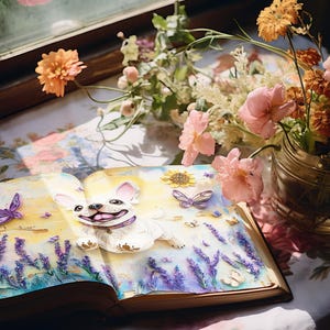 Carnet de voyage pour chien fantaisiste, Pages de scrapbooking Bouledogue français, Créations en papier, Éphémères originaux pour chiens, Feuille de collage pour chiot, Chien chassant des papillons