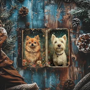 May include: A charming illustration features two dogs in a vintage book setting. A fluffy, orange Pomeranian and a white West Highland Terrier are depicted. The background includes a rustic blue wooden surface, pine cones, and evergreen branches, creating a cozy, wintery theme.