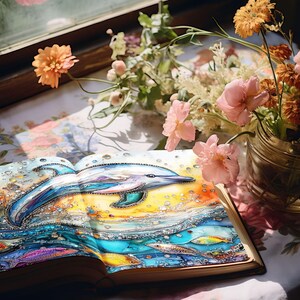 Dolphin Junk Journal, pagine di album di ritagli di balene stravaganti, carte digitali a tema marino, collage di oceani, effimeri creature marine, pagine di pesce spada