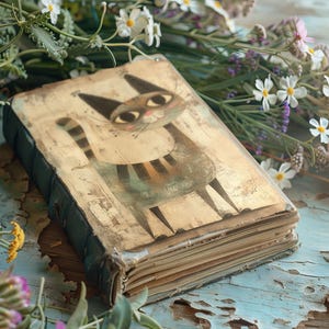 May include: A vintage, blue, leather-bound journal with a hand-painted illustration of a striped cat on the cover. The journal is surrounded by white and purple flowers.