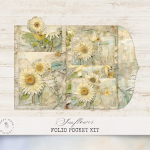 Pochette folio tournesol, kit folio pour journal indésirable, créations créatives en papier imprimable, aquarelles florales éphémères, collage minable, pochettes folio et cartes
