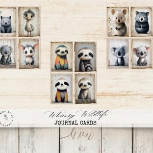 Peut inclure: Ensemble de cartes de journal « Whimsy Wildlife » avec des illustrations d'animaux à l'aquarelle, dont un wombat, un émeu, un koala, un opossum et un paresseux. Les cartes sont disposées en grille sur un fond en bois rustique.