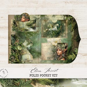Journal des objets indésirables de la forêt elfique, kit folio bois fantaisie, éphémères féeriques, collage magique, pochettes folio licorne et cartes, forêt féerique