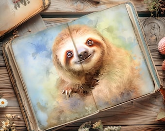 Sloth Junk Journal,  Distressed Scrapbook Pages, Vintage Paper Craft, Sloth Collage, Rustic Decoupage, Sloth Smiling Journal Papers