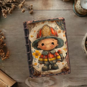 May include: A vintage-style book cover featuring a hand-painted illustration of a cartoon firefighter wearing a red and yellow uniform and a helmet. The background is a yellow and white floral pattern.