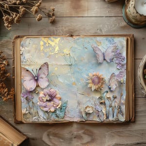 Journal papillon pastel, papier de scrapbooking, journal rustique, feuille de collage coloré, éphémères papillons et fleurs sauvages, découpage floral