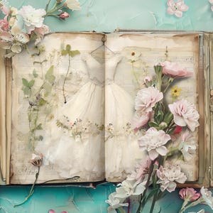 Kit de página de scrapbook de casamento, papéis de diário de vestidos de noiva, artesanato em papel para impressão, itens para casamento, vestidos de noiva florais