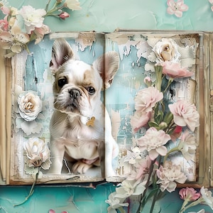 Junk Journal Seiten Hund, Französische Bulldogge Scrapbook Papier, Rustikales Journal, Papiermodell, Collage Sheet, Welpe Ephemera, Vintage Decoupage