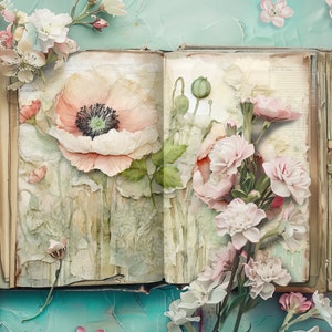 Carnet coquelicot, papiers de scrapbooking pastel, journal rustique, créations en papier, fleurs éphémères, collage vintage coquelicot rouge, champs de coquelicots imprimable