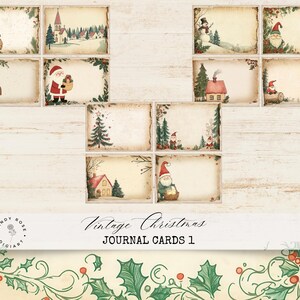 Cartes beiges pour carnet de Noël, carte de scrapbooking, créations vintage de père Noël, bonhomme de neige éphémères, cartes de Noël rustiques, carte imprimable elfe