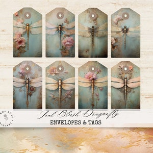 Journal indésirable libellule, Enveloppes et étiquettes bleu sarcelle et or, journal rustique, créations artisanales en papier à imprimer, éphémères libellules, complément scrapbooking