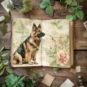 Può includere: Un libro aperto con un'illustrazione vintage di un pastore tedesco. Il cane è marrone, nero e beige, su uno sfondo di elementi floreali e botanici. Il libro è su una superficie di legno rustica.