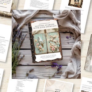 Peut inclure: Un livre intitulé "Getting Started with Junk Journals" avec une illustration de hibou et de licorne. L'image comprend des pages avec du texte et des images, de la lavande et du tissu sur une surface en bois. Le livre porte le texte "SANDYROSEDICIART".