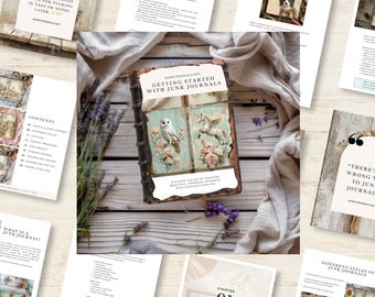 Może przedstawiać: Książka zatytułowana "Getting Started with Junk Journals" z ilustracją sowy i jednorożca. Obraz zawiera strony z tekstem i obrazami, lawendą i tkaniną na drewnianej powierzchni. Okładka książki zawiera tekst "SANDYROSEDICIART".