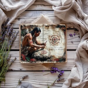 May include: A Native American man is carving a symbol into a stone. The stone is surrounded by a red, green, and blue circular design. The background is a vintage-style parchment with handwritten text.