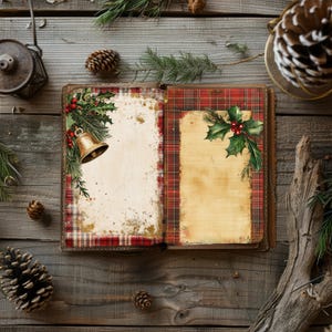 Journal de Noël tartan, papier de scrapbooking ange, papercraft père Noël à carreaux, bonhomme de neige éphémères, collage de Noël rustique, elfes à imprimer
