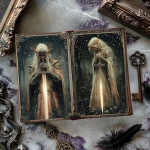 Może przedstawiać: Otwarta książka z dwiema ilustracjami elfa trzymającego miecz. Elf po lewej stronie nosi zbroję i długą szatę. Elf po prawej stronie nosi długą białą suknię. Obaj elfy stoją w leśnym otoczeniu z rozgwieżdżonym niebem.