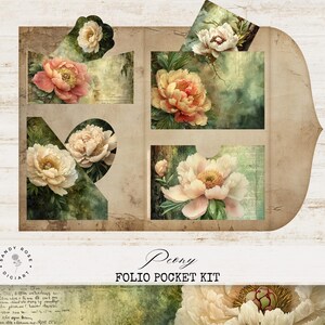 Pfingstrose Junk Journal, Folio, Floral Scrapbook Taschen, Vintage druckbare Ordner, Blumen Ephemera, Shabby Journal Karten, blumige wählerische Schnitte