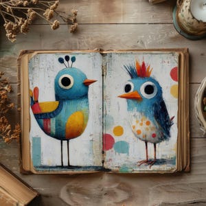 Quirky Birds Junk Journal Pages, Whimsical Birds Digital Paper, Distressed Scrapbook Pages, Printable Paper Craft, Rustic Journal