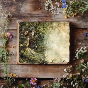 Diario di ninfe della foresta, pagine di album di ritagli di boschi fantasy, effimeri del paese delle fate, collage magico, carte mistiche, effimeri del bosco delle fate