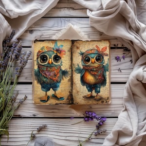 Diario hippie, papel imprimible con búhos extravagantes, papel de álbum de recortes colorido, diario rústico, efímera boho, hoja de collage boho