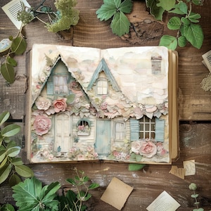 Dziennik Cottagecore Junk do druku, strony do scrapbookingu w stylu vintage, papier do druku, rustykalny dziennik, efemeryda Rose Cottage, fantazyjny kolaż