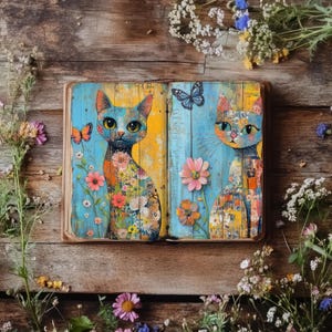 Journal pour chats hippies, papier de scrapbooking coloré, papercraft imprimable, journal rustique, éphémères bohèmes, collage bohème, imprimés hippies