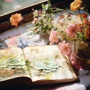 Diario basura con suculentas, papeles vintage para álbumes de recortes digitales, diario rústico con cactus, manualidades de papel con vegetación, hojas de collage de plantas del desierto