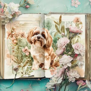 Kit de journal indésirable pour chien, papiers de scrapbooking vintage, journal rustique, créations en papier, collage Shih Tzu, journal indésirable vert sauge imprimable