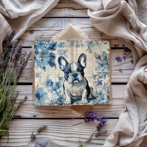 Blaue Toile Junk Journal, Französische Bulldogge Toile Scrapbook Papiere, Rustikales Journal, druckbare Papiermodelle, Collage Sheet, Welpe Ephemera