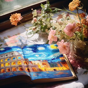 Kits de carnets de voyage, pages de scrapbooking vintage, aquarelles de monuments, créations en papier, monuments du monde, feuille de collage, ciel au clair de lune