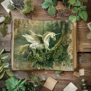 Elven Forest Junk Journal, Fantasy Woods Scrapbook Papers, Rustic Journal, Paper Craft,  Fairyland Ephemera, Magical Collage, Unicorn Page