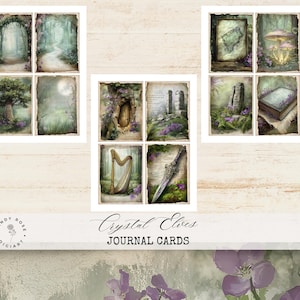 Może przedstawiać: Zestaw "Crystal Elves Journal Cards" z fantastycznymi ilustracjami. Każda karta przedstawia inną scenę, w tym leśną ścieżkę, drzewo, łąkę w świetle księżyca, drzwi, harfę, miecz i książkę. Karty mają wygląd vintage.