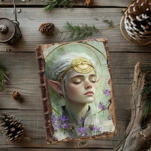 Może przedstawiać: Okładka starej książki z szczegółową ilustracją białowłosej elfa z zamkniętymi oczami. Elfa nosi złotą opaskę na głowie i białą szatę. Tło to zielono-biały akwarelowy rozmycie z fioletowymi kwiatami.