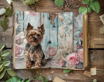 Dog Junk Journal Kit, Yorkshire Terrier Scrapbook Papers, Floral Dog Rustic Journal, Paper Craft, Collage Sheet, Puppy Decoupage Pages