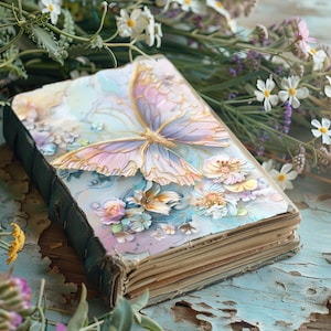 Journal papillon pastel, papiers de scrapbooking, journal rustique, feuille de collage, éphémères papillons et fleurs sauvages, découpage floral