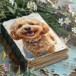 May include: An antique book with a painted portrait of a smiling, light brown dog. The book is open, showing aged pages, and rests on a weathered, light blue wooden surface, surrounded by flowers.