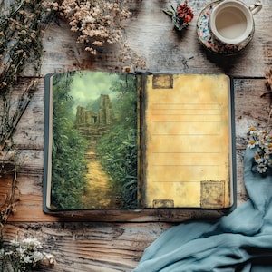 Diario basura digital de la jungla, álbum de recortes de acampada, manualidad de papel de templo secreto, diario rústico, material efímero antiguo, imprimibles de aventuras en el bosque