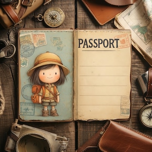 May include: An open passport with the word "PASSPORT" printed in black. The left page features a cartoon illustration of a child in a safari outfit. The image is surrounded by travel-themed items, including a compass, leather goods, and a map.