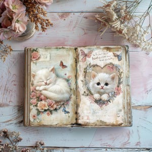Diario di San Valentino con animali, pagina di album di cuori, diario di rose rosse, lavoretti di carta sull'amore, effimeri romantici, collage di coppie romantiche