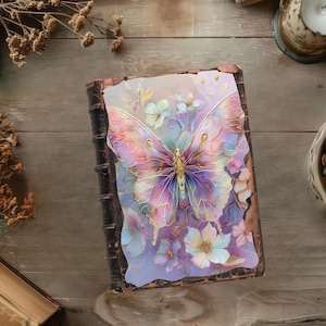 Journal papillon pastel, papier de scrapbooking, journal rustique, feuille de collage papillons et fleurs sauvages, fleurs éphémères, ailes irisées