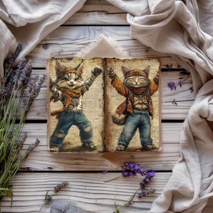 Diario digital con perros divertidos, papel imprimible con cachorros peculiares, papel para álbum de recortes colorido, efímera boho, hoja de collage con gatos boho