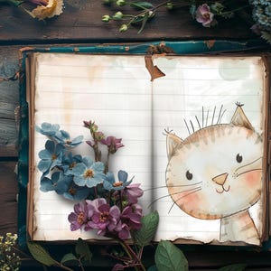 Carnet cartonné à imprimer chien chat, page de scrapbooking animaux de compagnie, créations créatives en papier à imprimer chiot, journal rustique, feuille de collage chaton, remplisseur de journal